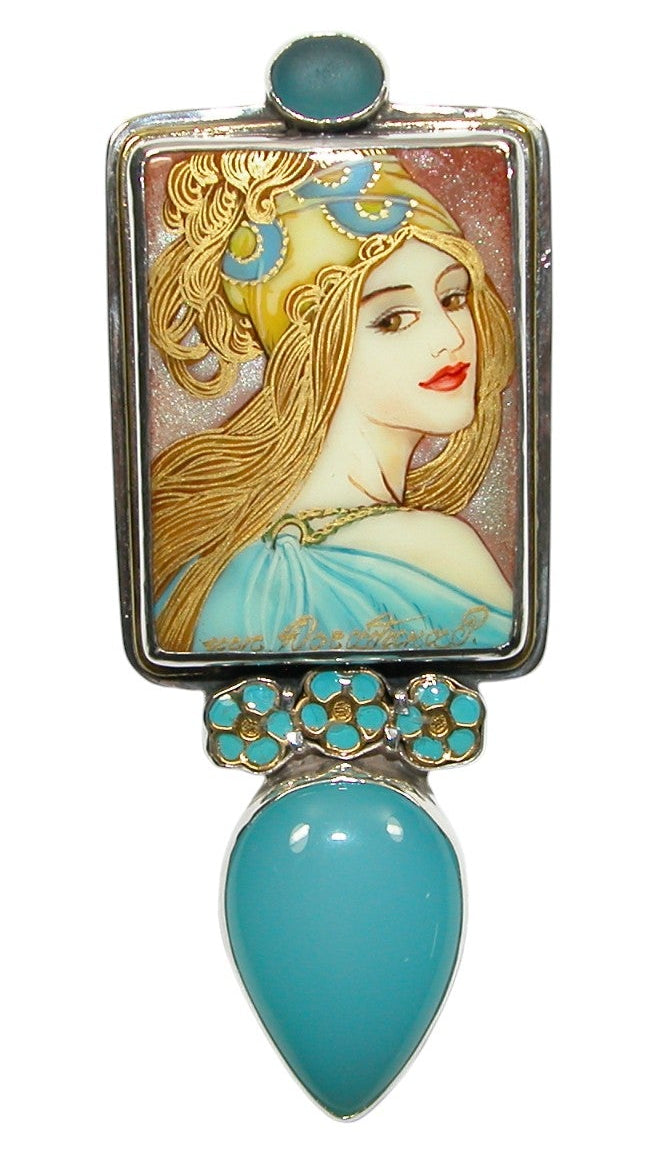 34492 Painted Lady on Black Onyx, Amazonite, Sterling Silver Pin Pendant