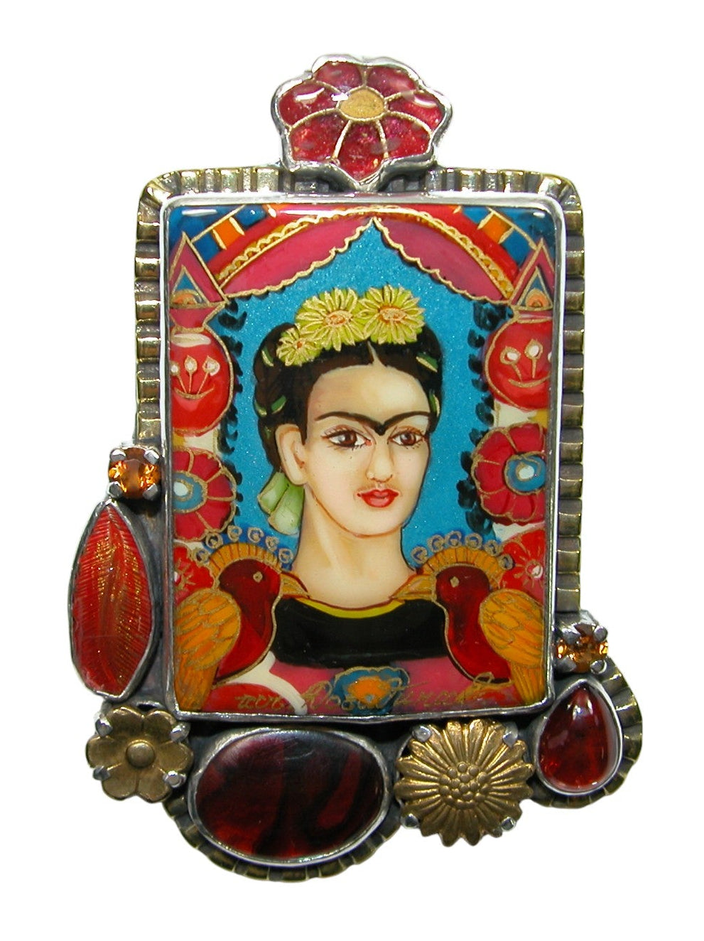 34493 Painted Frida Kahlo on Black Onyx, Garnet, Abalone, Sterling Silver Pin Pendant