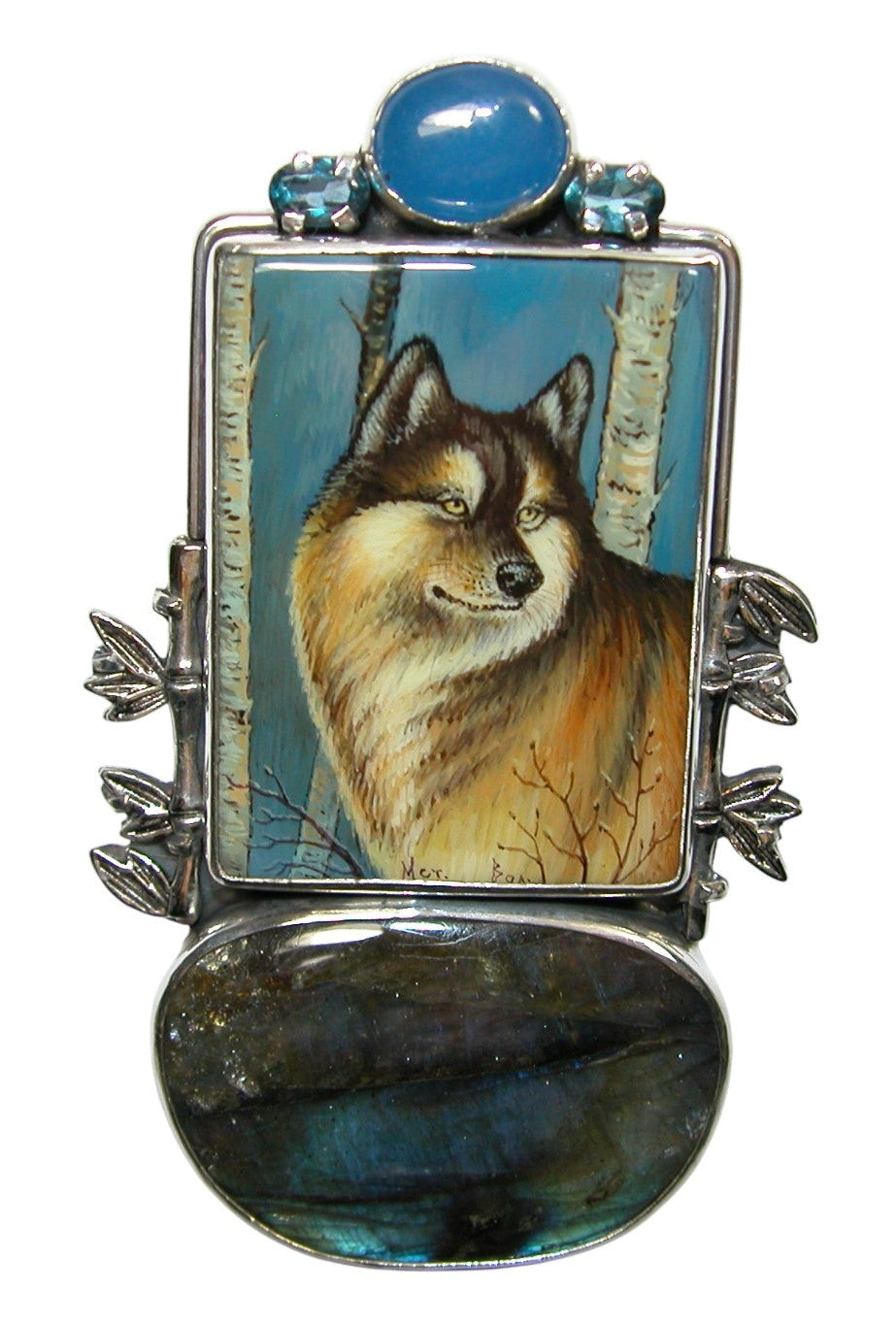 34500 Painted Wolf on Black Onyx, Labradorite, Blue Topaz, Sterling Silver Pin Pendant