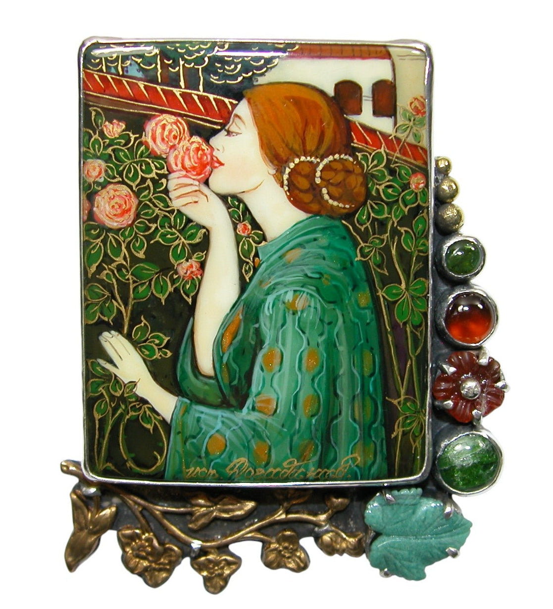 34501 Painted Lady with Jade, Hessonite and Gemstones Pin Pendant