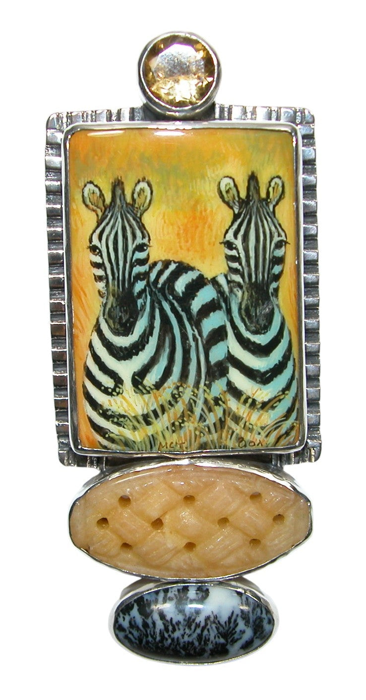 34504 Painted Zebra's on Black Onyx, Citrine, Yellow Jade, Sterling Silver Pin Pendant