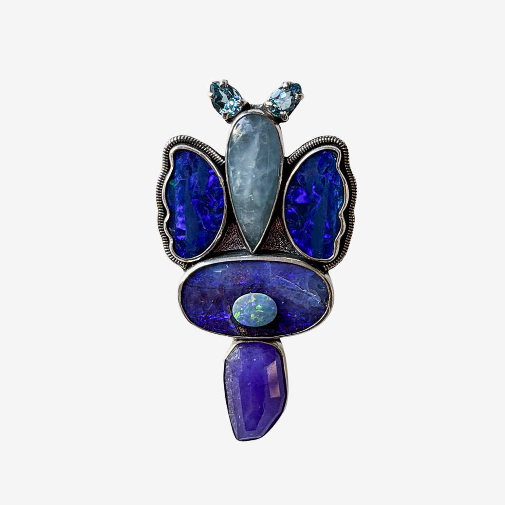 34510 Aquamarine Opal Butterfly Sterling Silver Pin / Pendant
