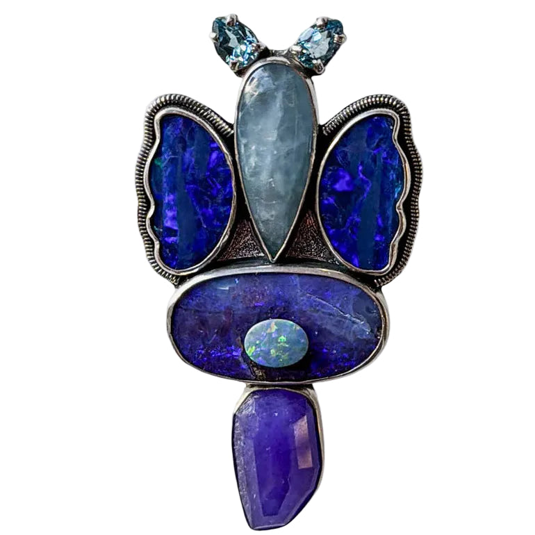 34510 Aquamarine Opal Butterfly Sterling Silver Pin / Pendant