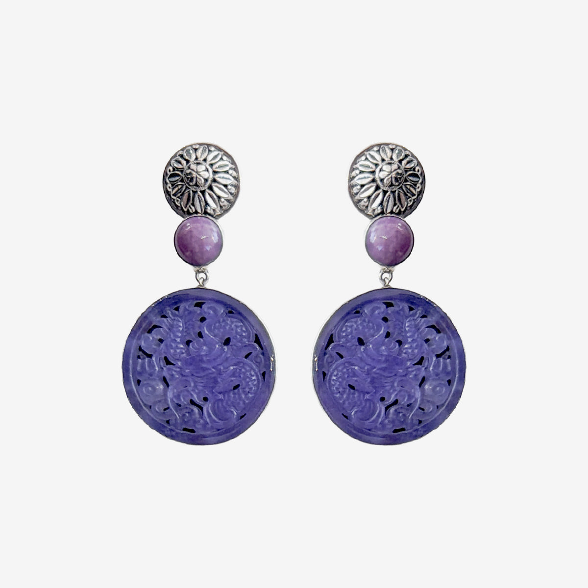 34534A Hand-Carved Purple Agate Dragon, Phosphosiderite Earrings