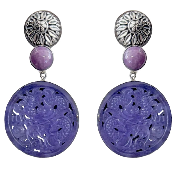 34534A Hand-Carved Purple Agate Dragon, Phosphosiderite Earrings