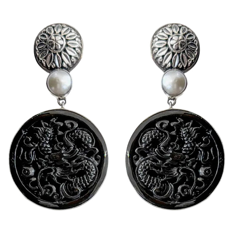 34534B Hand-Carved Black Onyx Dragon, Mother of Pearl Earrings
