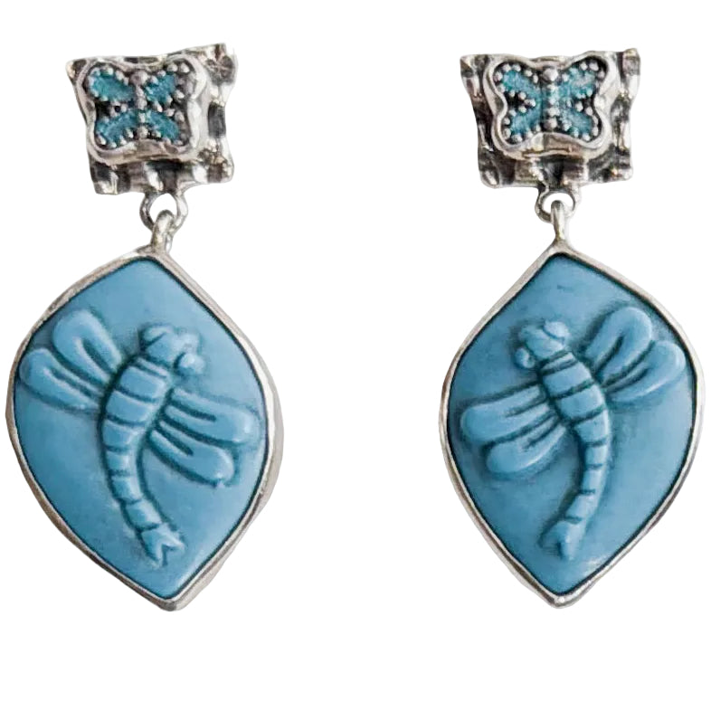 37004 Hand-Carved Agate Dragonfly, Enameled Butterfly Earrings