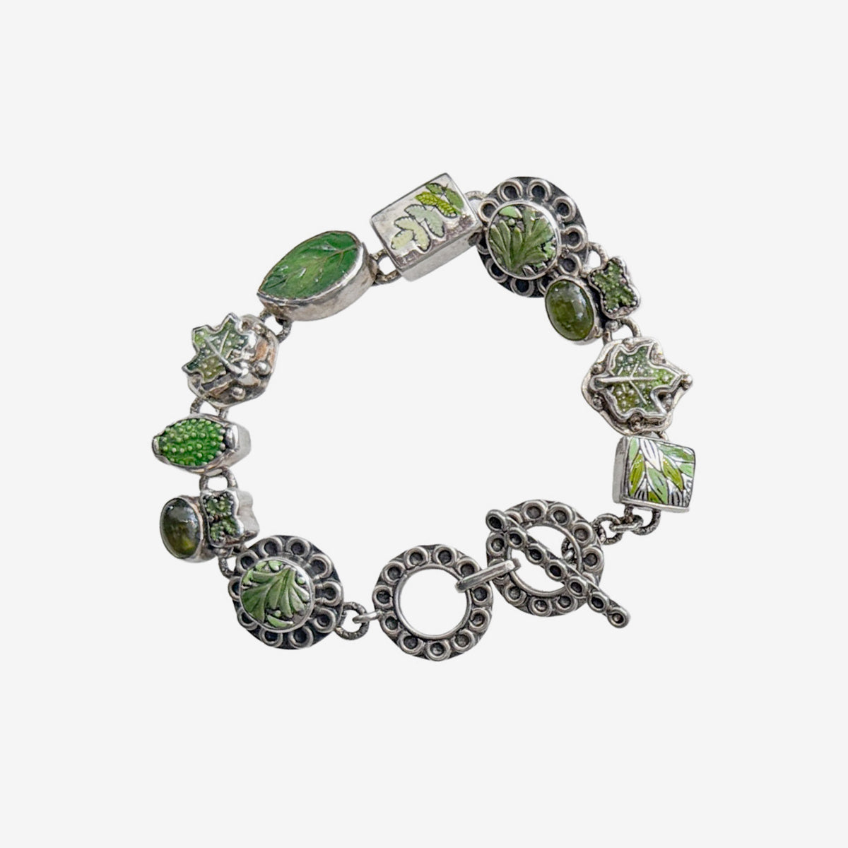 37006 Hand-Enameled Leaf and Peridot Sterling Silver Bracelet