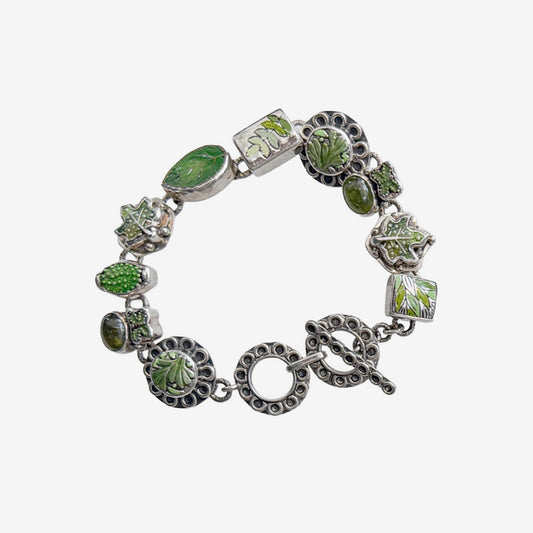37006 Hand-Enameled Leaf and Peridot Sterling Silver Bracelet