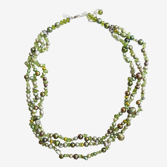 37007 Three-Strand Freshwater Pearl, Peridot Beaded Necklace