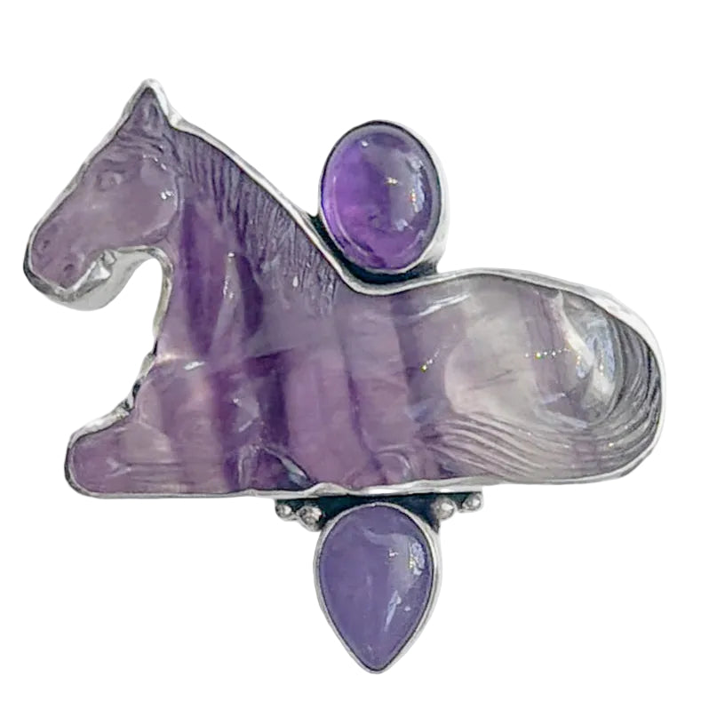 37025 Hand-Carved Fluorite Horse, Amethyst, Purple Agate Pin / Pendant