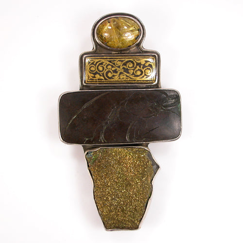 37922 Rutilated Quartz, Koftgari Druzy, Sterling Silver Pin Pendant