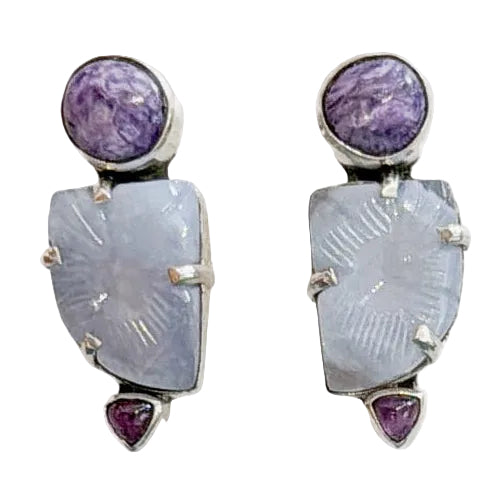 39563 Chalcedony, Charoite, Amethyst Earrings