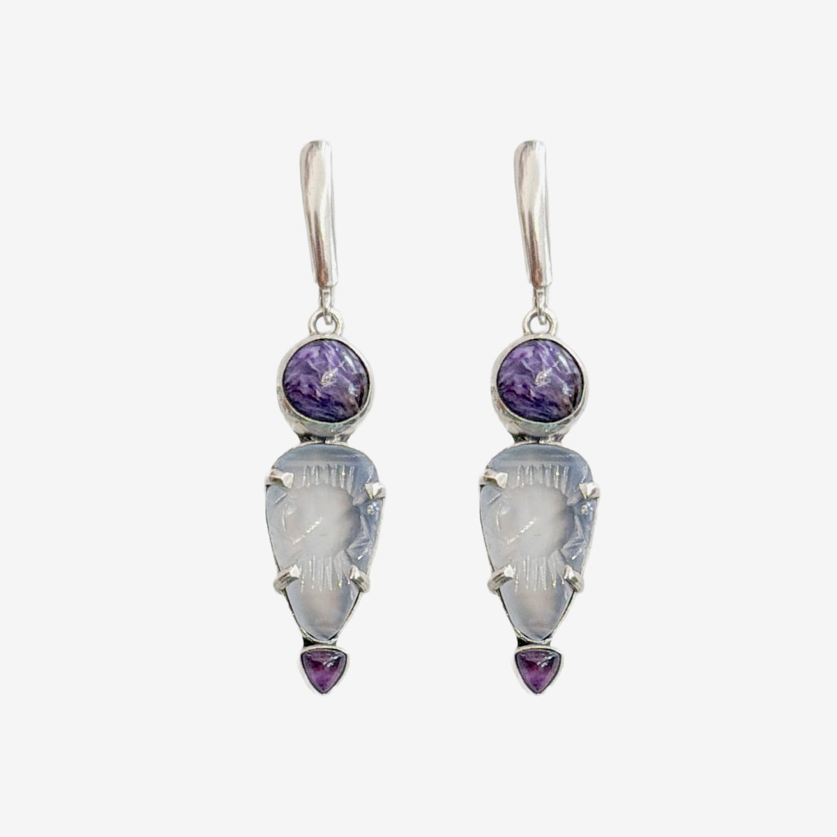 39563L Chalcedony, Charoite, Amethyst Earrings