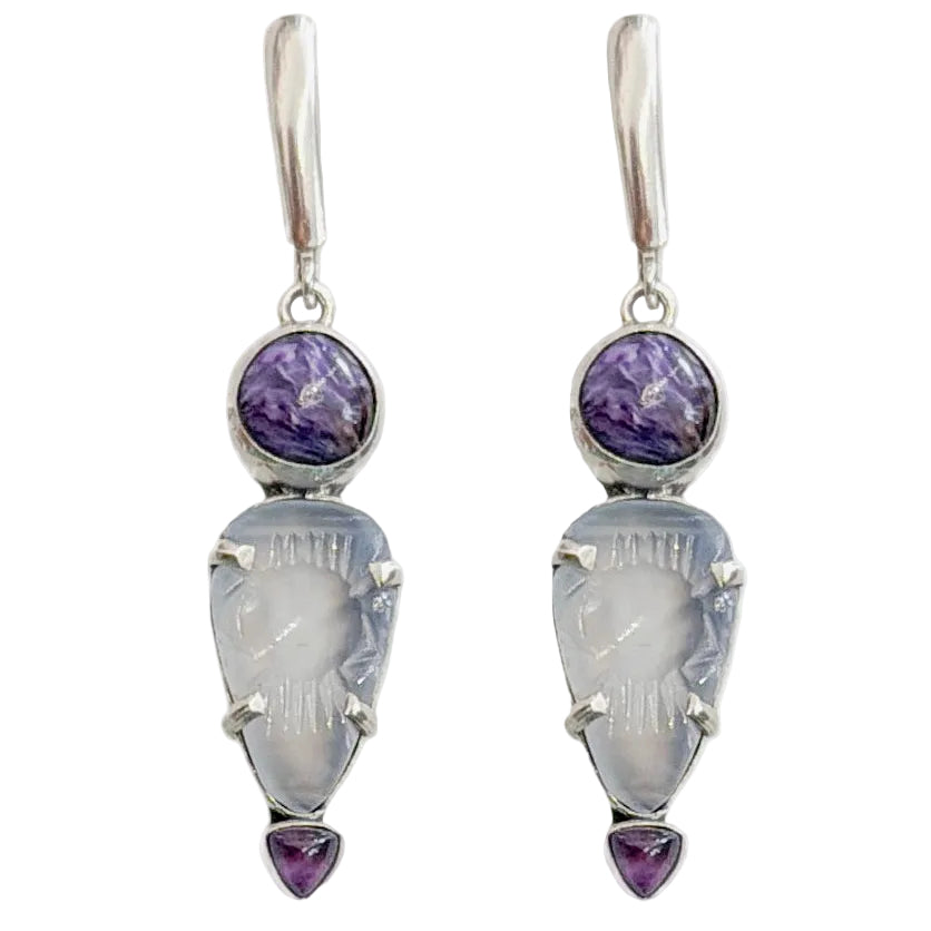39563L Chalcedony, Charoite, Amethyst Earrings