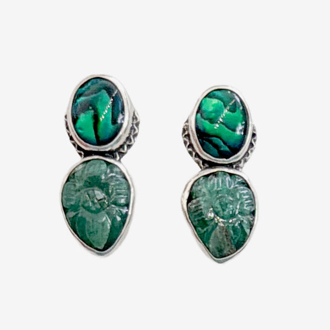 39564A Hand-Carved Emerald, Abalone Earrings