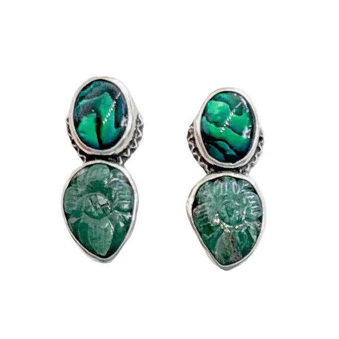 39564A Hand-Carved Emerald, Abalone Earrings