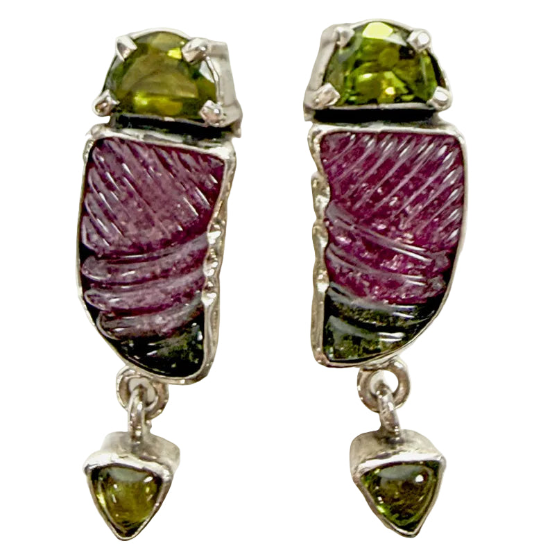 39566 Hand-Carved Tourmaline, Peridot Earrings