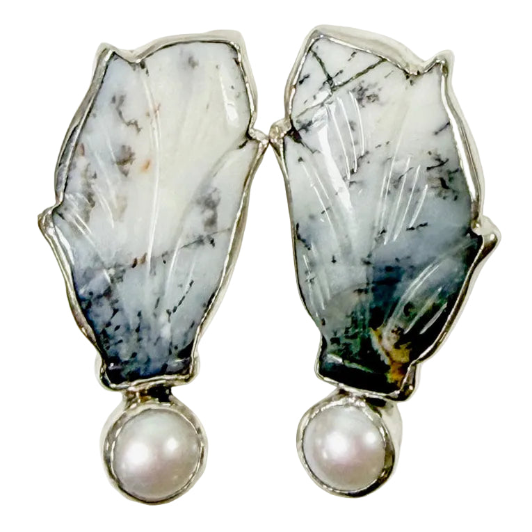 39568 Hand-Carved Leaf, Freshwater Pearl Earrings