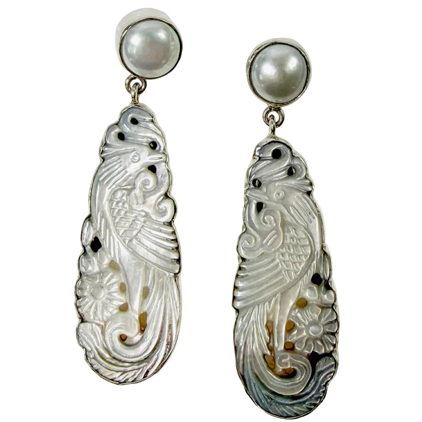39578 Hand-Carved Mother of Pearl, Freshwater Pearl Earrings