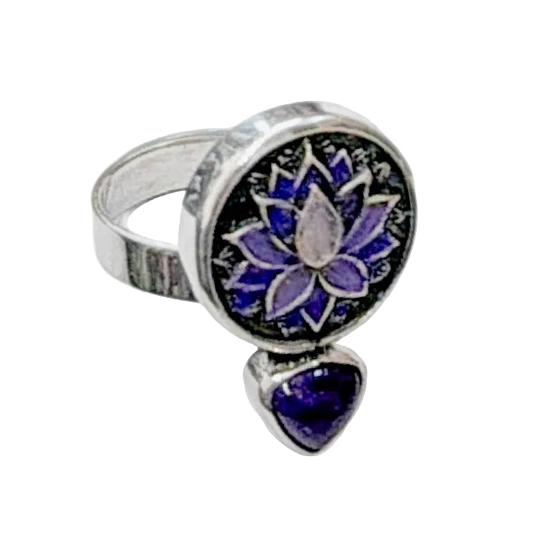 39580A Hand-Enameled Lotus, Amethyst Ring