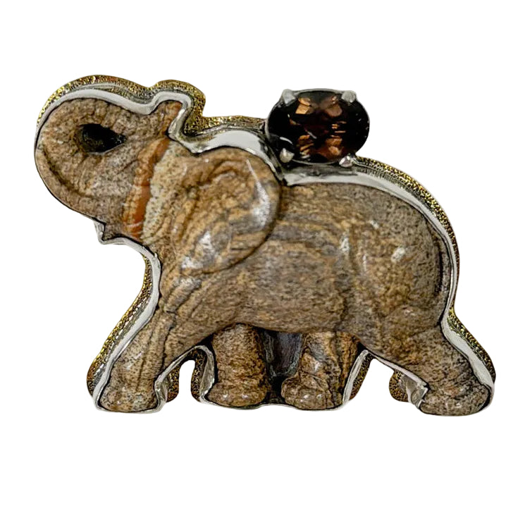39588 Hand-Carved Picture Jasper Elephant, Smokey Topaz Sterling Silver, Brass Pin / Pendant
