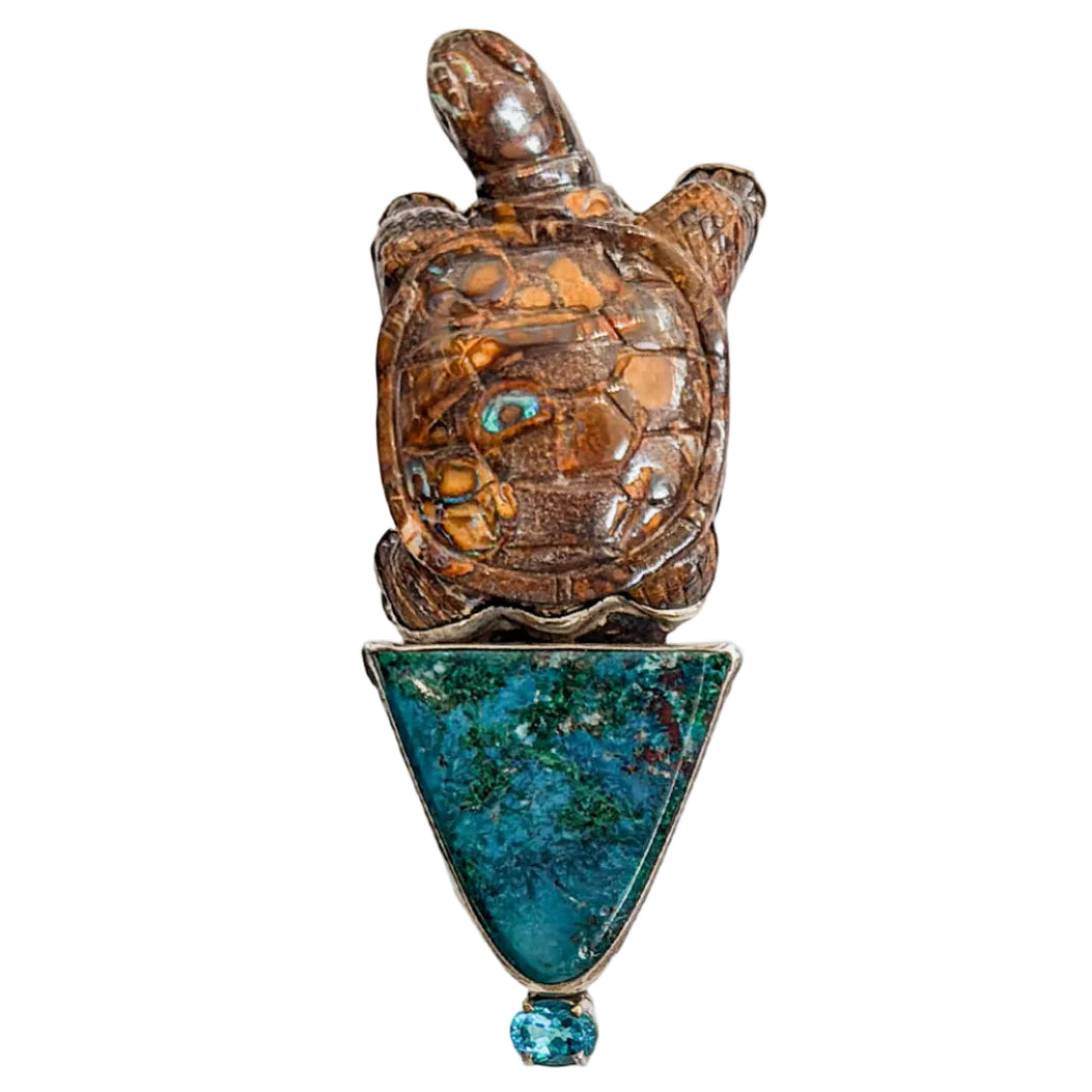 39590 Hand-Carved Boulder Opal Sea Turtle, Chrysocolla Pin / Pendant
