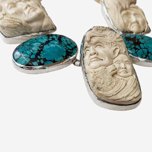 39597 Hand-Carved Antler, Turquoise, Cinnabar Necklace