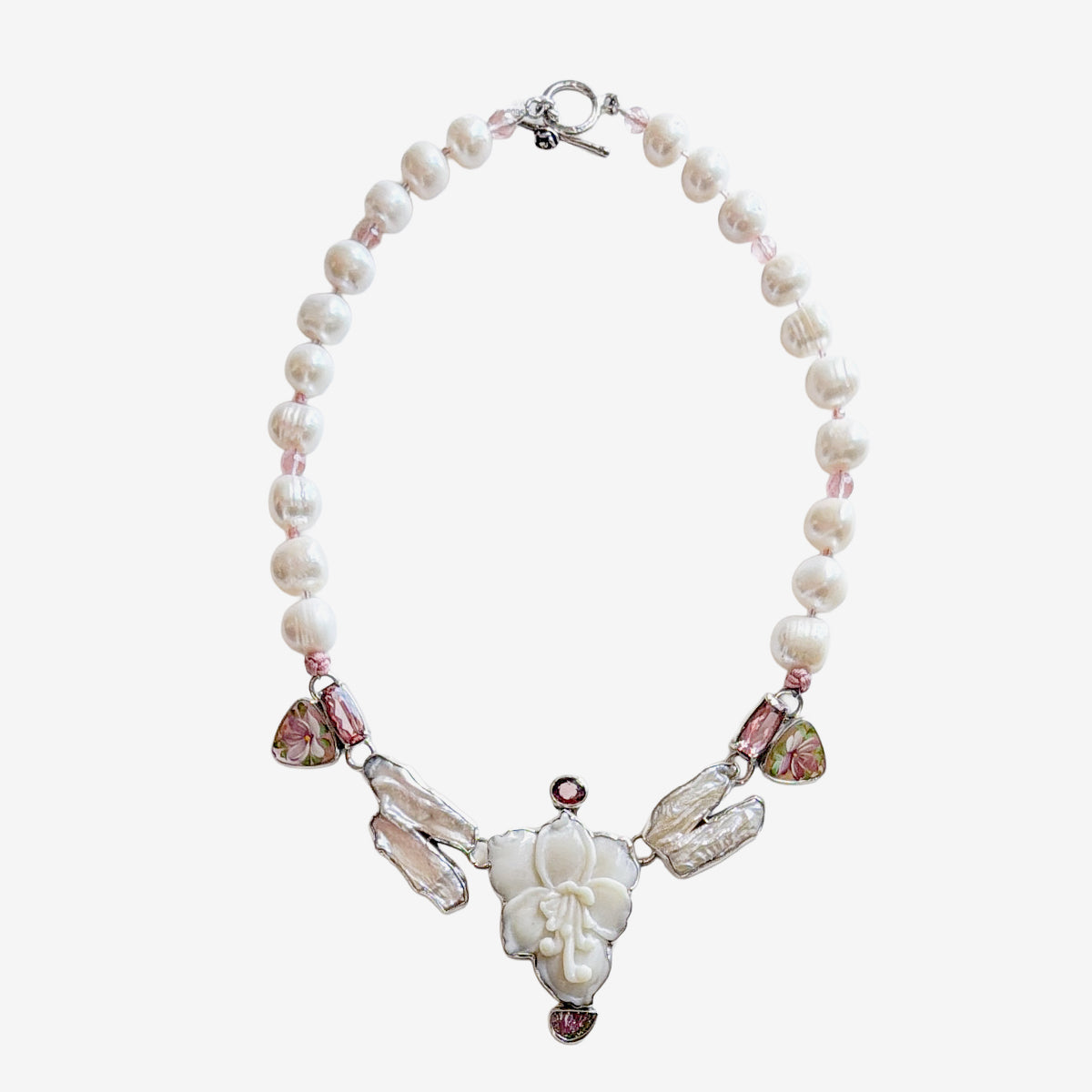 39600 Hand-Carved Opal Floral, Freshwater Pearl, Pink Quartz Necklace