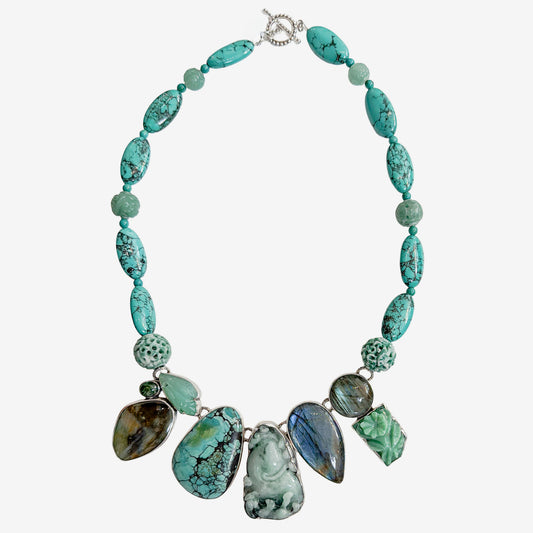 39602 Hand-Carved Jade, Turquoise, Labradorite Beaded Necklace