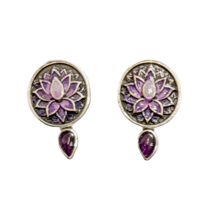39621 Purple Enamel Lotus, Amethyst Earrings