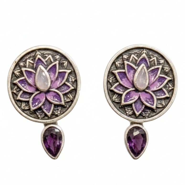39621 Purple Enamel Lotus, Amethyst Earrings