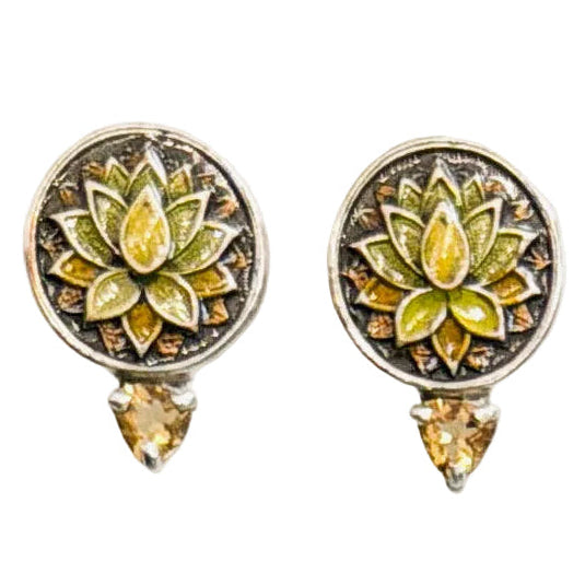 39621A Yellow Enamel Lotus, Citrine Earrings