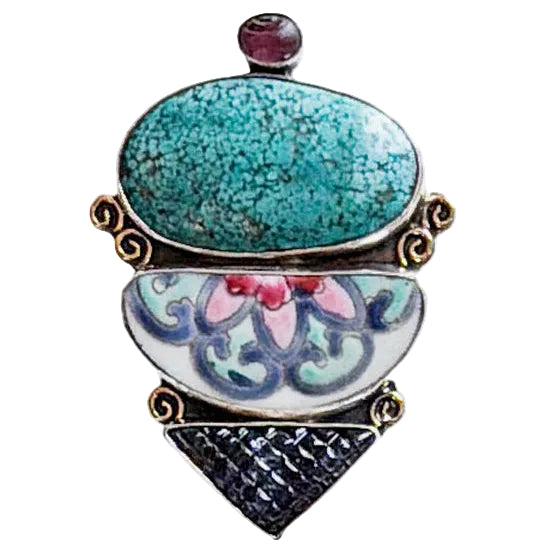 39626 Turquoise, Antique Porcelain, Iolite Pin / Pendant
