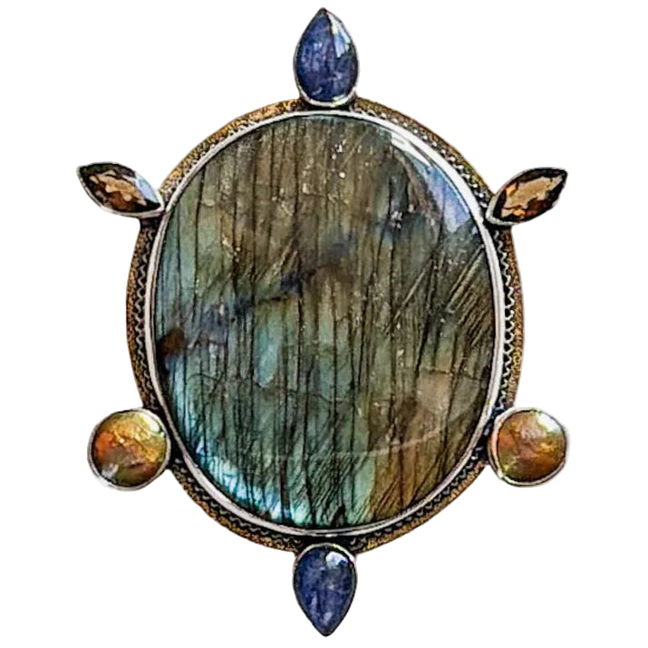 39630 Labradorite, Kyanite, Freshwater Pearl, Smokey Quartz Sterling Silver Pin / Pendant