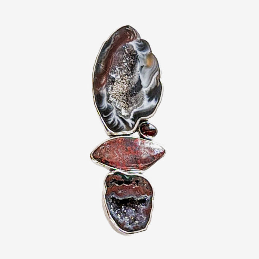 39634 Agate Geode, Fossil Dino Gem Bone, Garnet Pin / Pendant