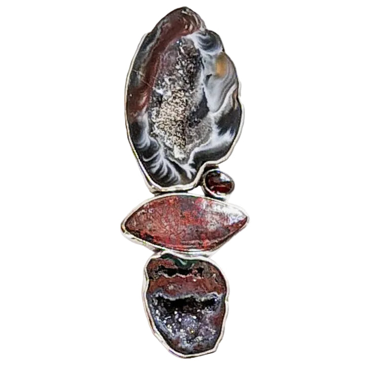 39634 Agate Geode, Fossil Dino Gem Bone, Garnet Pin / Pendant
