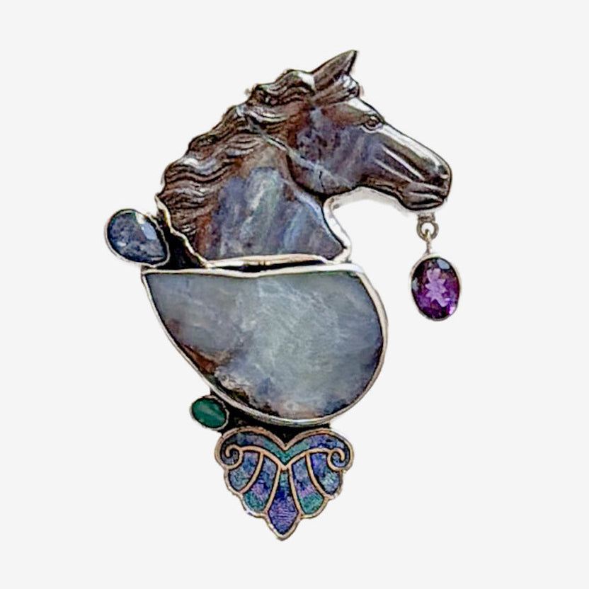 39635 Hand-Carved Boulder Opal Horse, Amethyst Pin / Pendant