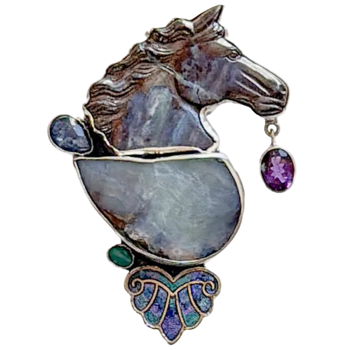 39635 Hand-Carved Boulder Opal Horse, Amethyst Pin / Pendant