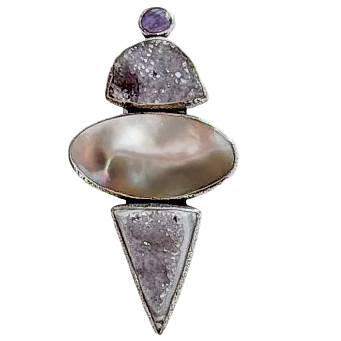 39637 Druzy Agate, Freshwater Pearl, Amethyst Pin / Pendant