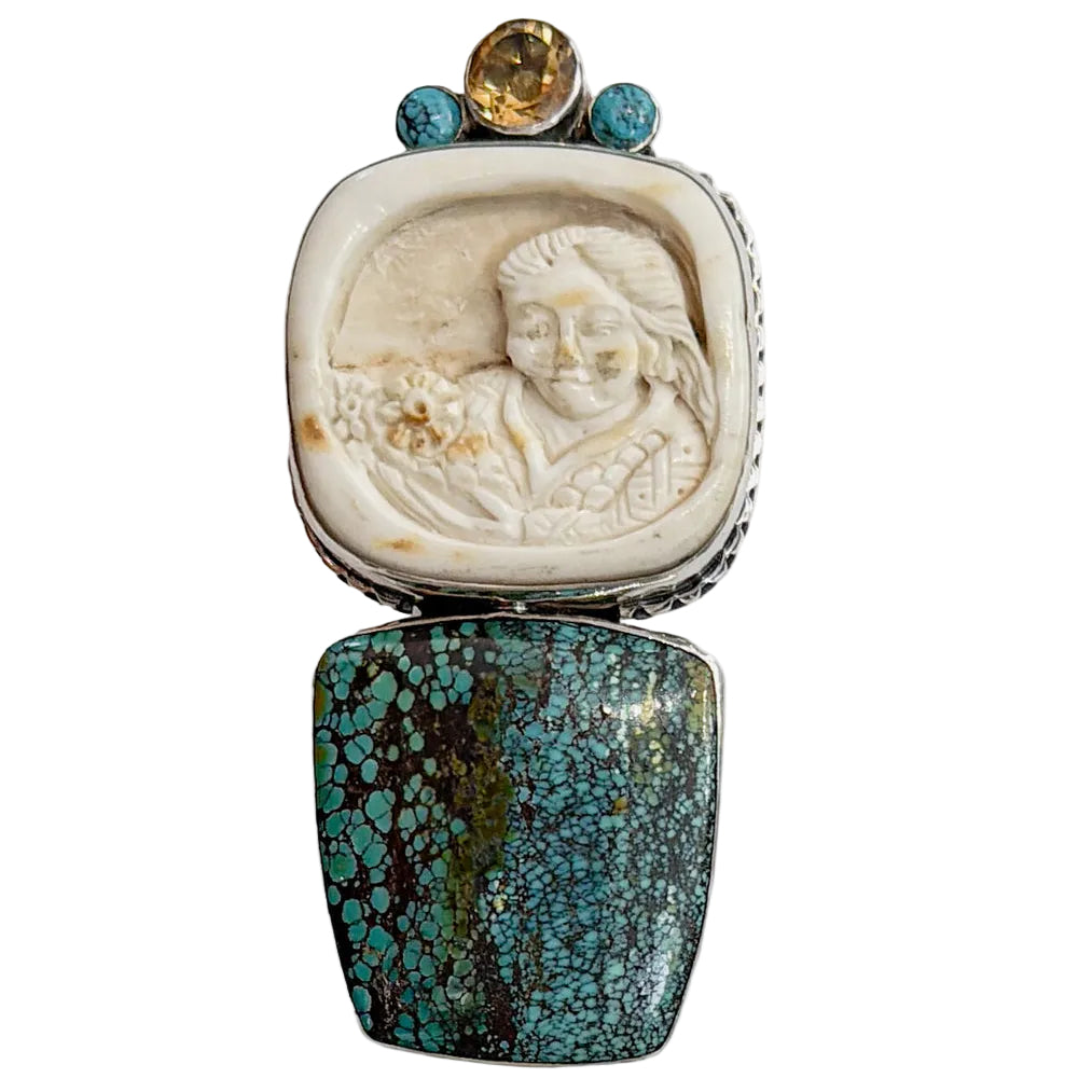 39639 Hand-Carved Antler, Turquoise, Citrine Pin / Pendant