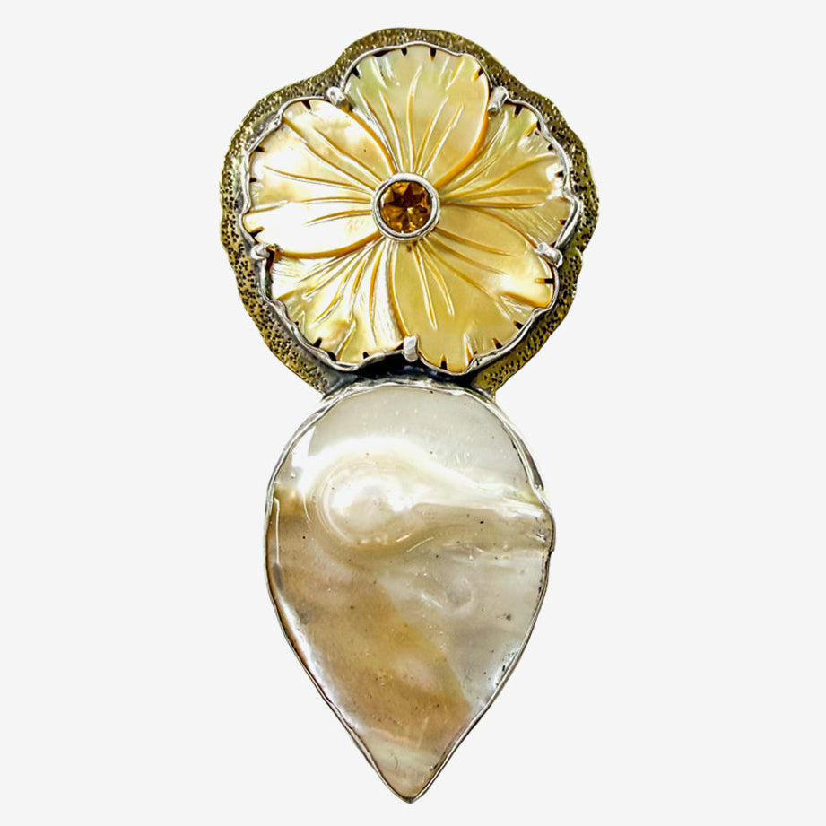 39643 Hand-Carved Mother of Pearl, Citrine, Sterling Silver Pin Pendant