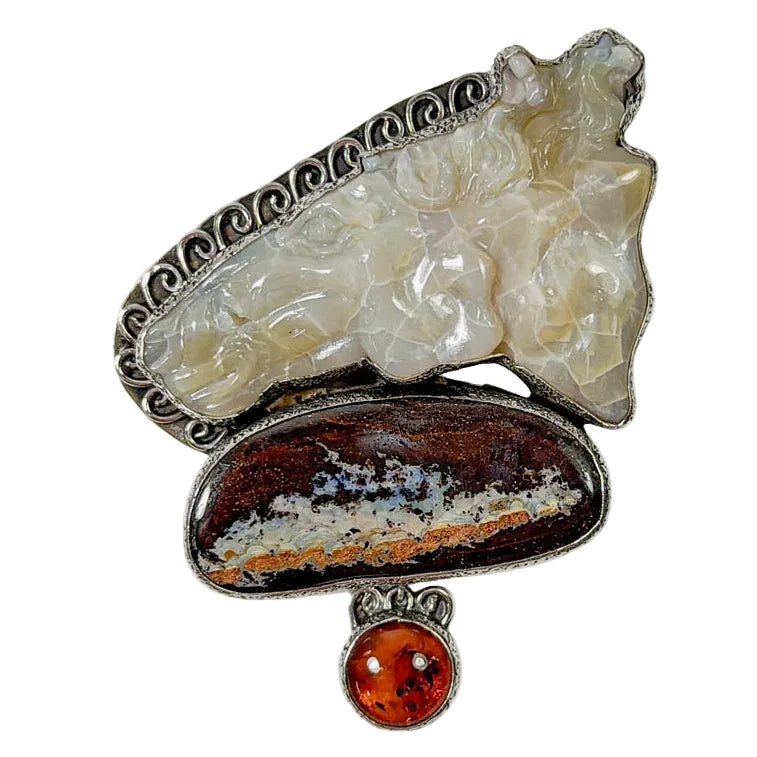39649 Hand-Carved Chalcedony Horse, Boulder Opal, Baltic Amber Sterling Silver Pin / Pendant