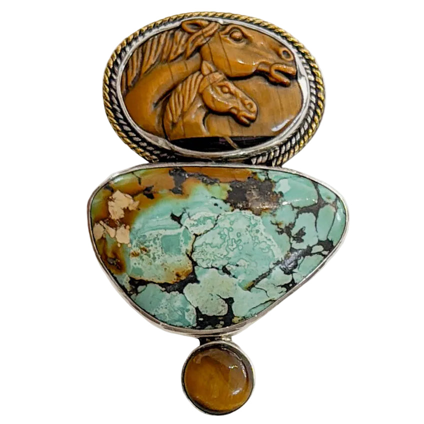 39652 Hand-Carved Tiger's Eye Horse, Turquoise Pin / Pendant