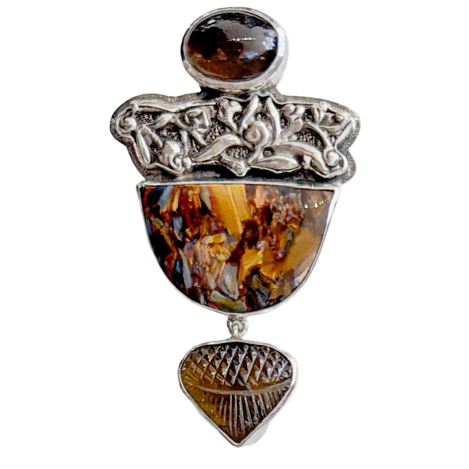 39655 Antique Chinese Silver, Hand-Carved Tourmaline Pin / Pendant