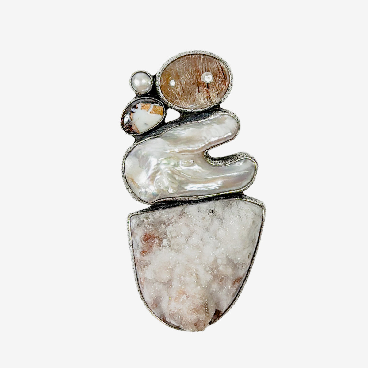 39665 Natural Agate, Boulder Opal, Freshwater Pearl Pin / Pendant