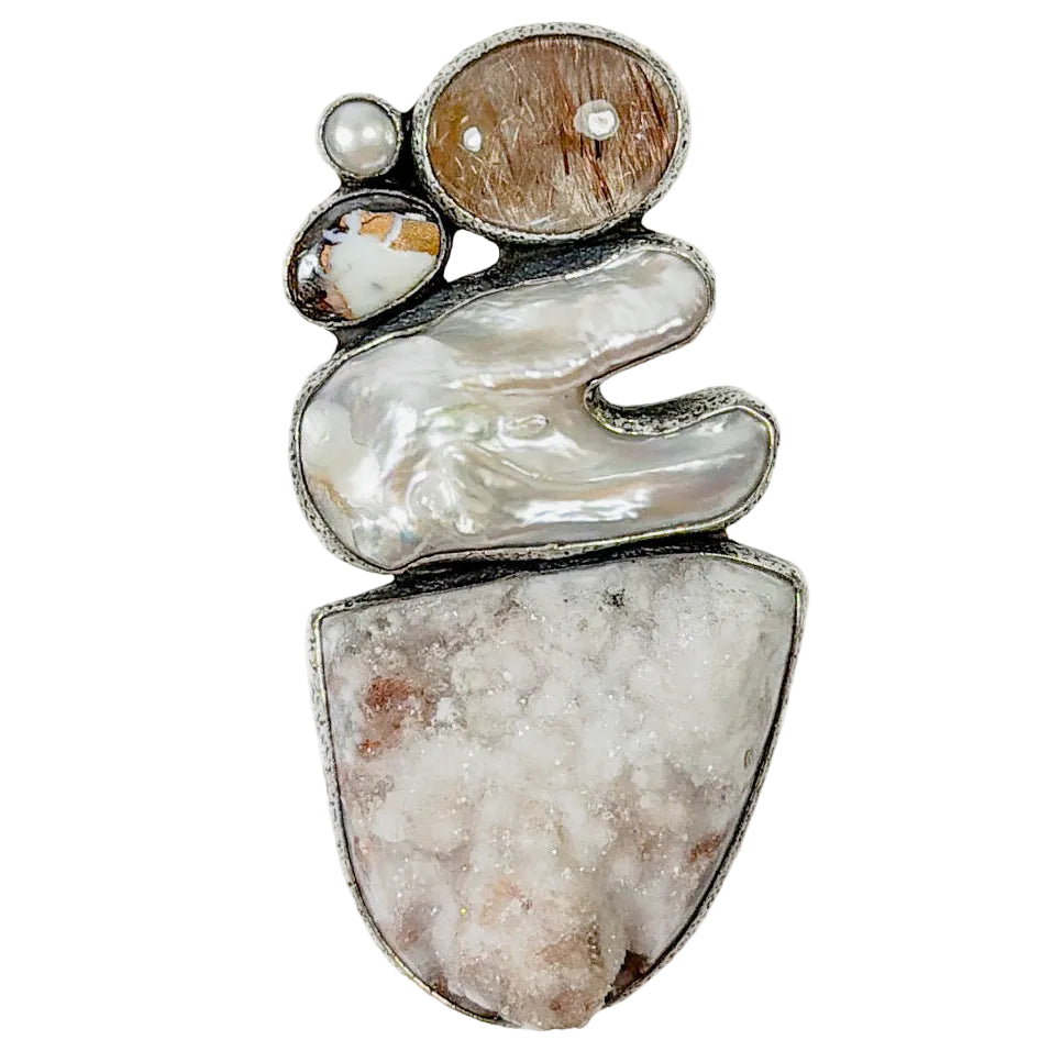 39665 Natural Agate, Boulder Opal, Freshwater Pearl Pin / Pendant