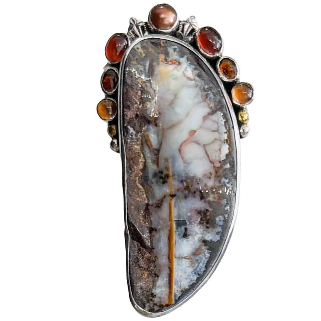 39666 Boulder Opal, Hessonite, Amber Pin / Pendant