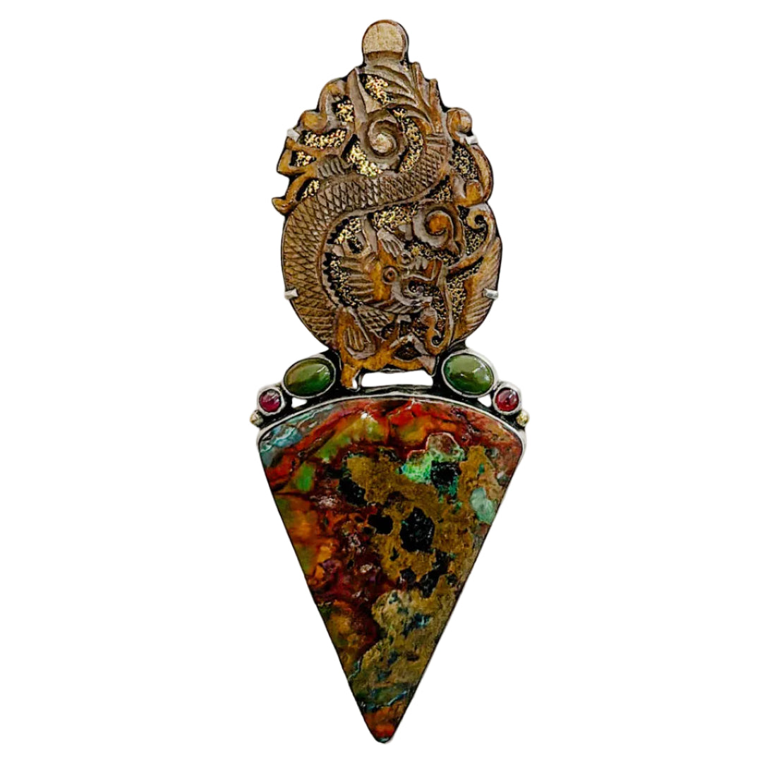 39667 Chinese Antique Carved Bone Dragon, Chrysocolla Pin / Pendant