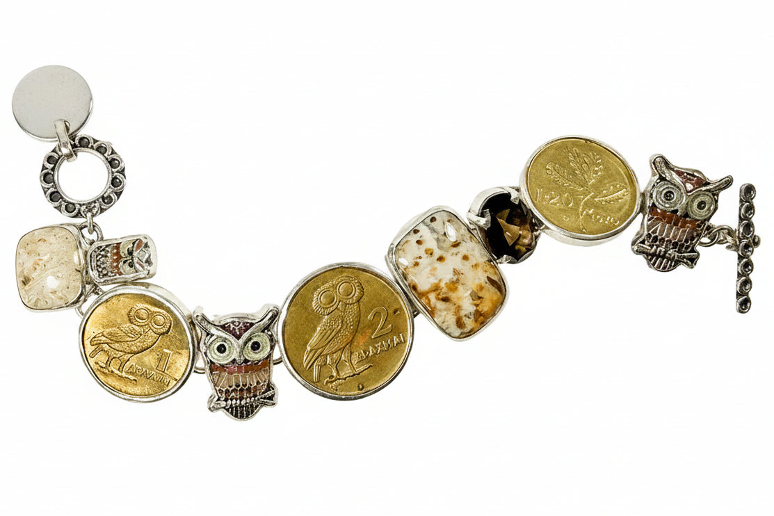 39672 Hand-Enameled Owl, Vintage Coin, Petrified Palmwood Sterling Silver Bracelet